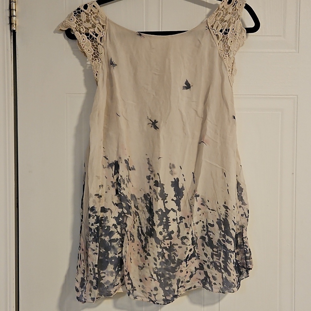 100% Silk Boho Peasant Blouse Womens Size Large off white crochet detail elegant - Picture 4 of 4